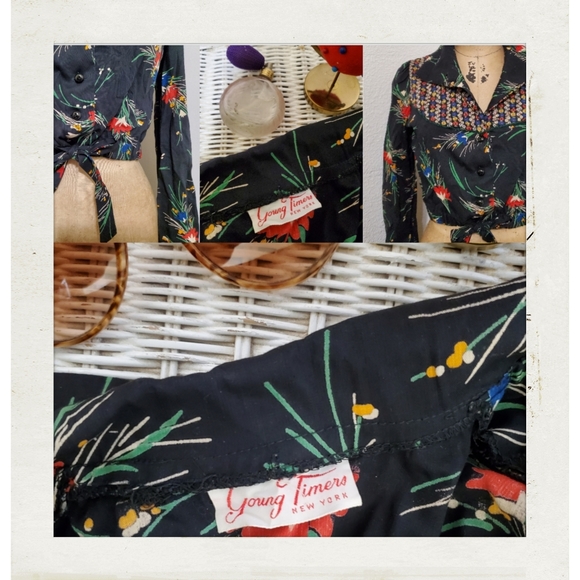 S✨ld! Young Timers | Vintage Blue Floral Button Boho Hippie Crop Tie Blouse 6 - Picture 3 of 3